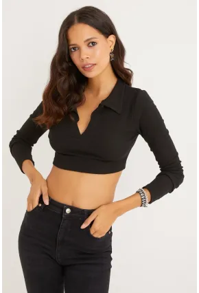 Kadın Siyah Polo Yaka Kaşkorse Crop Bluz Yİ2347