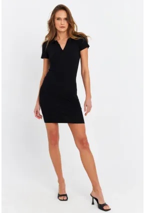Kadın Siyah Polo Yaka Midi Elbise RSP401