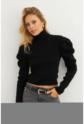 Kadın Siyah Prenses Kol Balıkçı Yaka Triko Bluz MSF2555
