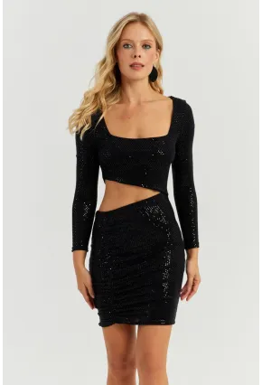 Kadın Siyah Pullu Mini Elbise KED146