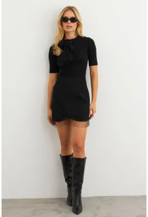 Kadın Siyah Püskül Detaylı Mini Etek KED24013