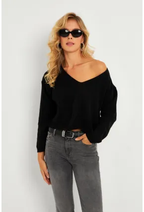 Kadın Siyah Salaş Kısa Triko Bluz YV281