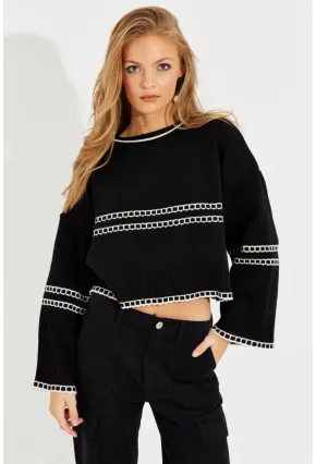 Kadın Siyah Salaş Triko Kısa Kazak YZ518