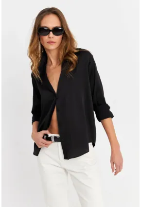Kadın Siyah Saten Gömlek ELT8051