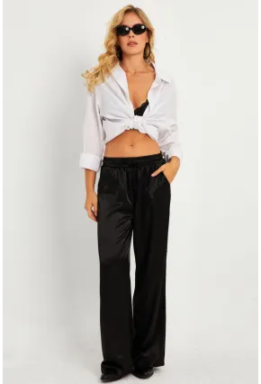 Kadın Siyah Saten Palazzo Pantolon DMR356