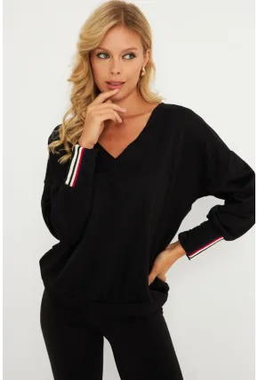Kadın Siyah Şerit Detaylı V Yaka Sweatshirt  EY2905