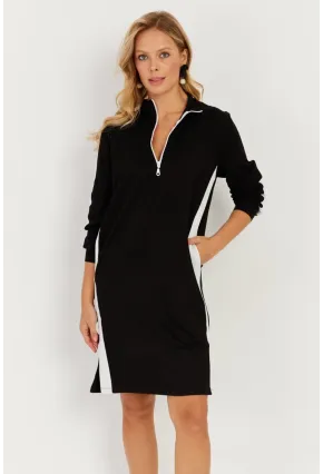 Kadın Siyah Şeritli Fermuarlı Midi Elbise ST5024
