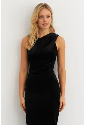 Kadın Siyah Simli Drapeli Maxi Elbise KED4481