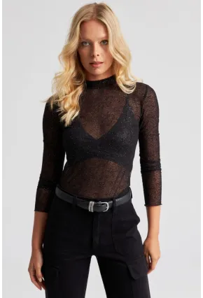 Kadın Siyah Simli Transparan Tül Bluz LPP5028