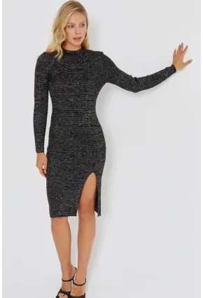 Kadın Siyah Simli Triko Midi Elbise SF2526