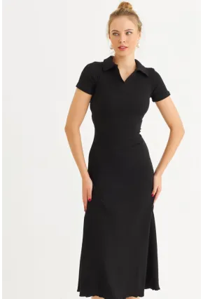 Kadın Siyah Sırt Bağlamalı Kaşkorse Midi Elbise MFRY0001