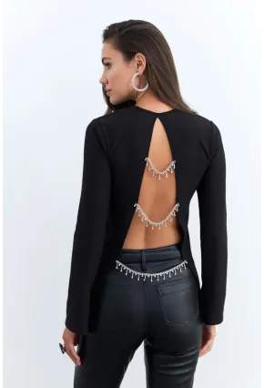 Kadın Siyah Sırt Dekolteli Aksesuarlı Bluz ELT4020