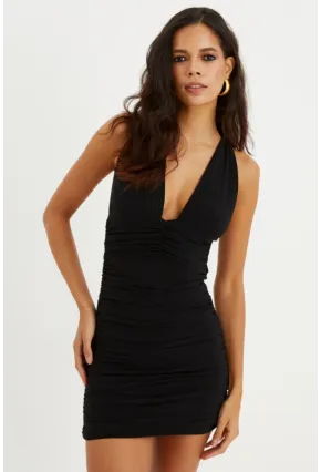 Kadın Siyah Sırt Dekolteli Büzgülü Mini Elbise B1739