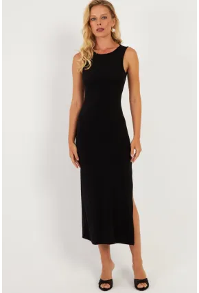Kadın Siyah Sırt Dekolteli Midi Elbise DMR692