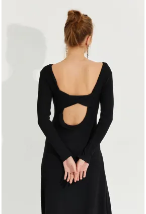 Kadın Siyah Sırt Detaylı Kaşkorse Midi Elbise EY2603