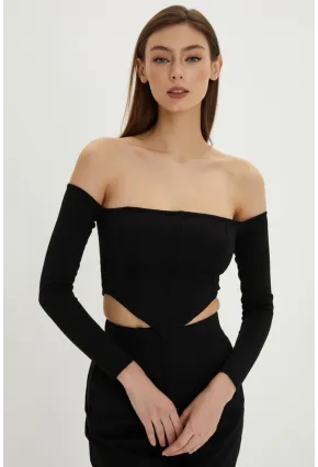 Kadın Siyah Sırt Fermuarlı Crop Bluz B518