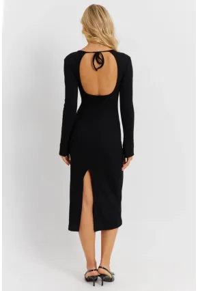 Kadın Siyah Sırt Pencereli Yırtmaçlı Kaşkorse Midi Elbise EY2874