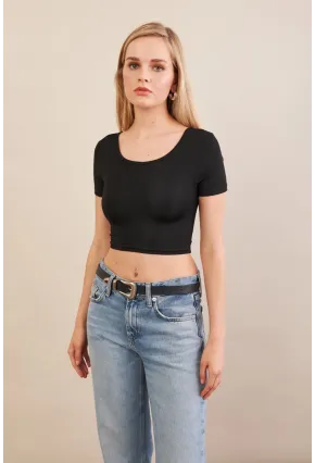 Kadın Siyah Sırtı Açık Crop Bluz AN6038