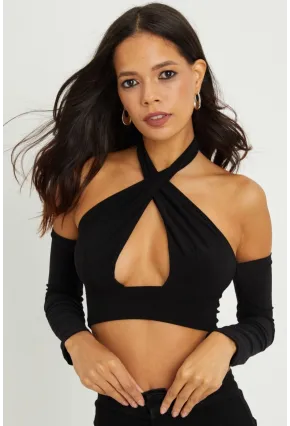 Kadın Siyah Sırtı Açık Crop Bluz B1729