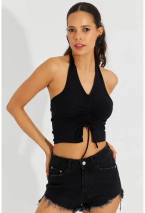 Kadın Siyah Sırtı Açık Crop Bluz B2697