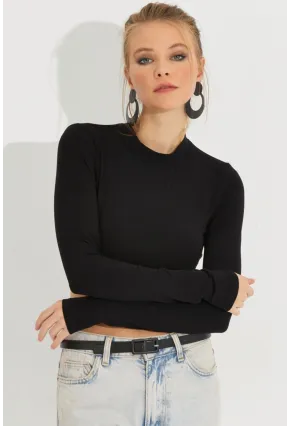 Kadın Siyah Sırtı Açık Crop Bluz B3072