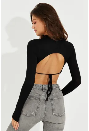 Kadın Siyah Sırtı Açık Crop Bluz LPP1232