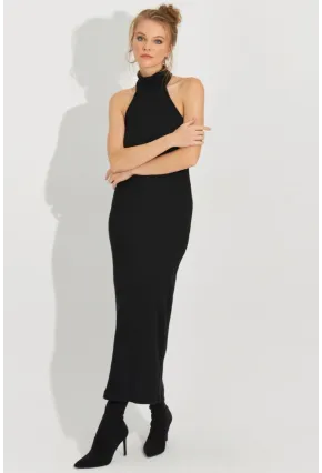 Kadın Siyah Sırtı Açık Kolsuz Kaşkorse Maxi Elbise EY2589