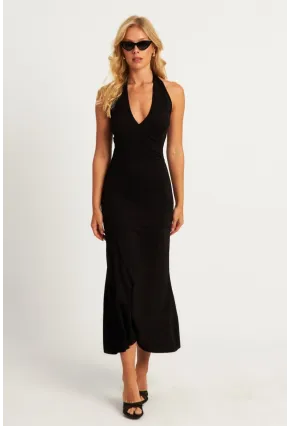 Kadın Siyah Sırtı Açık Kruvaze Midi Elbise EY2841