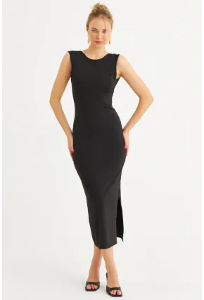 Kadın Siyah Sırtı Açık Midi Elbise YEL221672