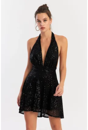 Kadın Siyah Sırtı Açık Payetli Astarlı Mini Elbise Dcf046