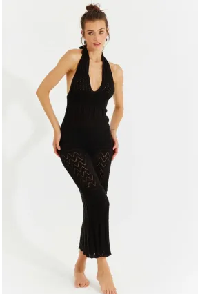 Kadın Siyah Sırtı Açık Triko Maxi Elbise SF2505