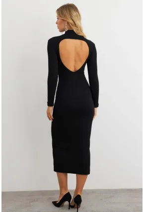 Kadın Siyah Sırtı Dekolteli Boğazlı Midi Elbise EY3012