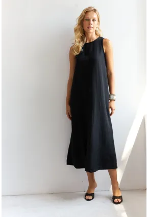 Kadın Siyah Sırtı Düğmeli Midi Keten Elbise DMR353