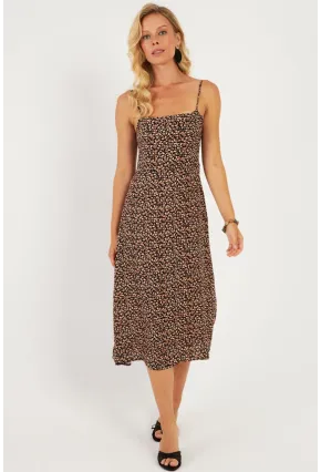 Kadın Siyah Sırtı Gipeli Desenli Midi Elbise MP427