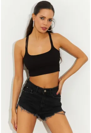 Kadın Siyah Sırtı Halkalı Kaşkorse Crop Bluz B2552
