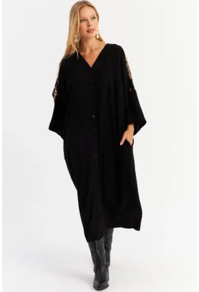 Kadın Siyah Sırtı Nakışlı Düğmeli Maxi Elbise ALO16