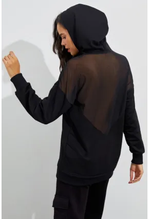 Kadın Siyah Sırtı Tül Kapüşonlu Sweatshirt EY1523