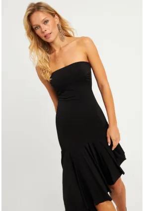 Kadın Siyah Straplez Asimetrik Midi Elbise DMR337