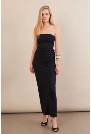 Kadın Siyah Straplez Büzgülü Midi Elbise MX2005