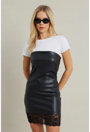 Kadın Siyah Straplez Suni Deri Mini Elbise NH0419
