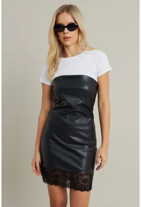 Kadın Siyah Straplez Suni Deri Mini Elbise NH0419