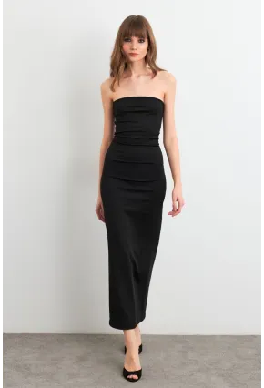 Kadın Siyah Straplez Yırtmaçlı Midi Elbise XC005