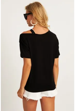 Kadın Siyah Suni Deri Bloklu Bluz ST837