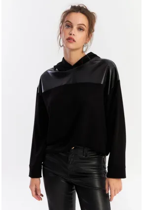 Kadın Siyah Suni Deri Bloklu Kapüşonlu Sweatshirt ST838