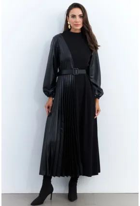 Kadın Siyah Suni Deri Bloklu Pilili Maxi Elbise MALZ100