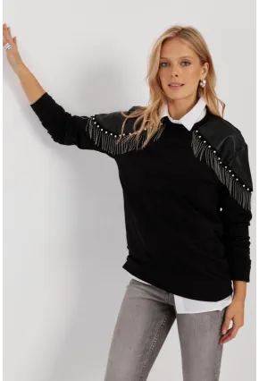 Kadın Siyah Suni Deri Bloklu Sweatshirt PKA807