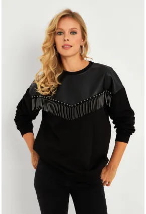 Kadın Siyah Suni Deri Bloklu Sweatshirt PKA808