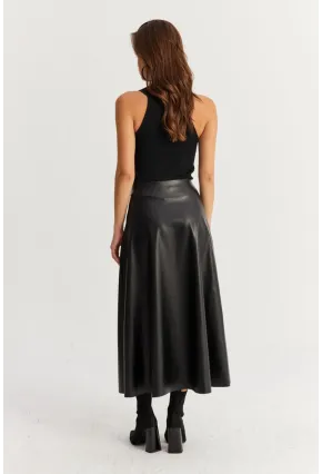 Kadın Siyah Suni Deri Çan Etek ELA113
