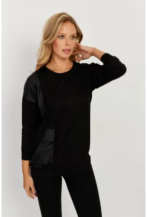 Kadın Siyah Suni Deri Cepli Sweatshirt ST829