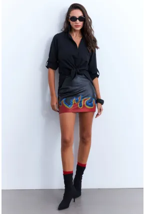 Kadın Siyah Suni Deri Desenli Mini Etek NH92